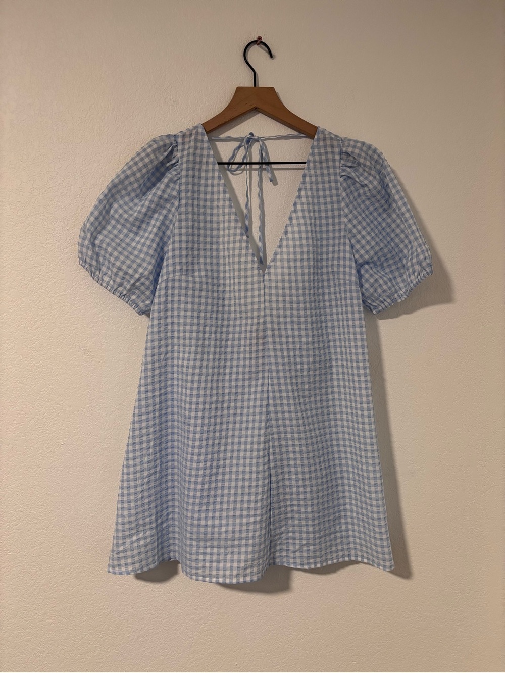 STAUD Marsh Mini Dress Sky Gingham V-Neck with Open Back Tie Size M NWT - Picture 2 of 8